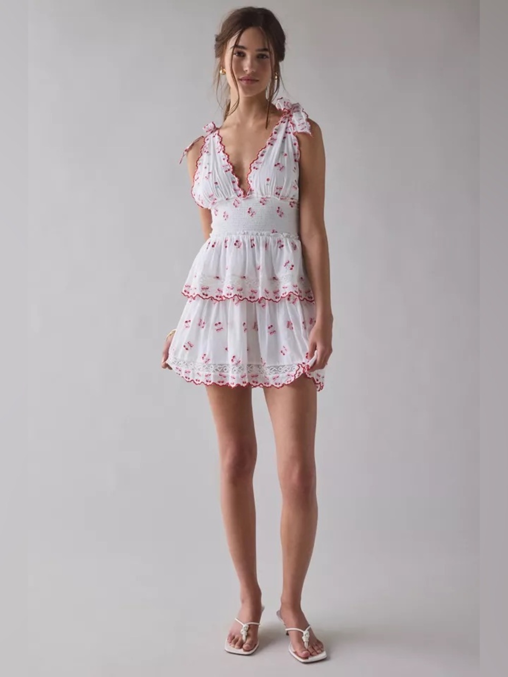 LoveShackFancy Soira Mini Dress Cherry Print XS Ruffle White Red